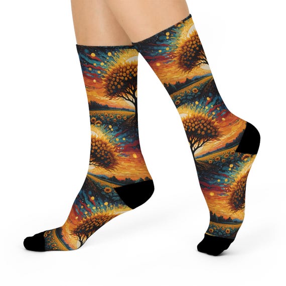 Golden Tree of Life Crew socks- Radiant Sunset and Roots Landscape Art