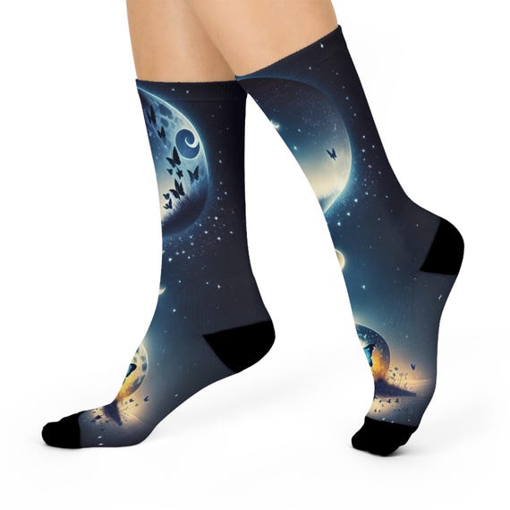 Celestial Butterfly Galaxy Socks - Cosmic Moonlight and Butterfly Silhouette