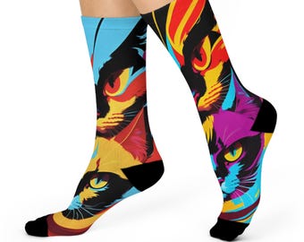 Calcetines Art Cat Crew: diseño retro urbano vibrante.
