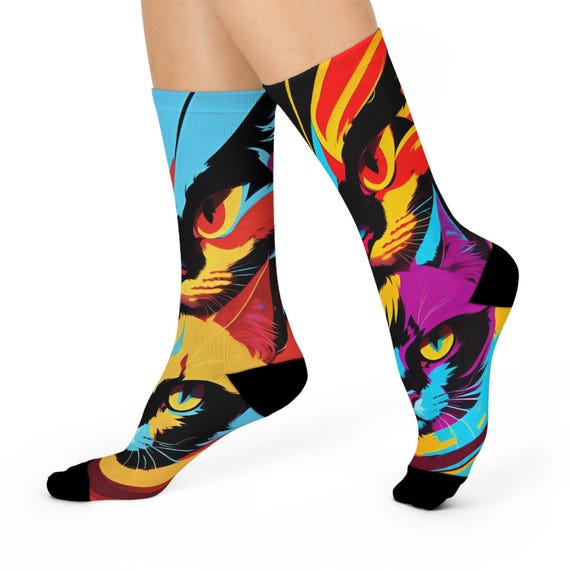 Art Cat Crew Socks- Vibrant Retro streetwear design.