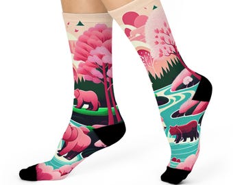 Calcetines desiguales de mamá osa y sus cachorros - Serie Bosque Rosa.