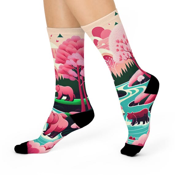 Mama bear and cubs mismatched Socks-Pink Forest Series.
