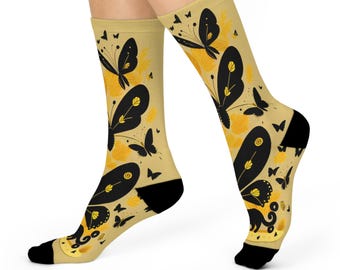 Calcetines altos hasta la rodilla con mariposas doradas y negras: calcetines artísticos inspirados en la naturaleza, con diseño de mariposas, un par de calcetines que marcan tendencia.
