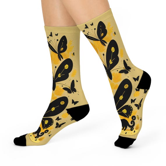 Gold and Black Butterfly Knee-High Socks - Artistic Nature Socks, Butterfly Design, Pair of Statement Socks.