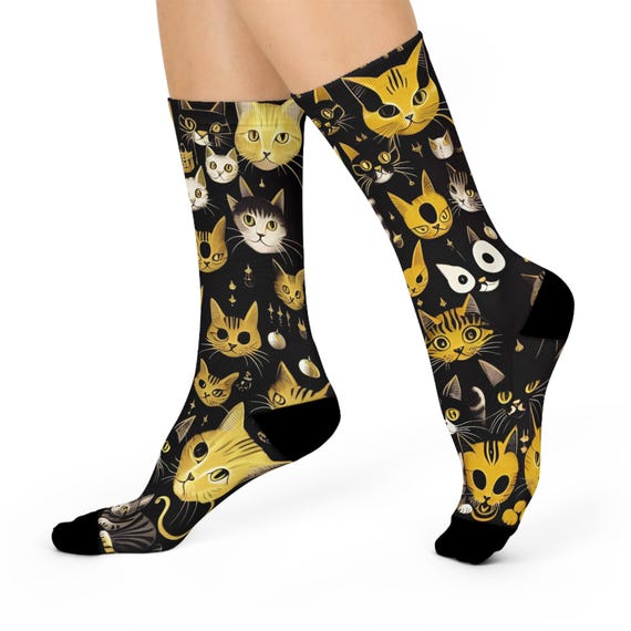 Whimsical Cat Portraits Crew Socks - Artistic Multi- Breed Feline Pattern