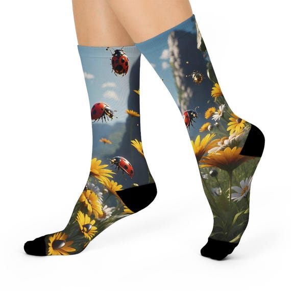 Ladybug Flower Art Socks - Nature Garden Design/ Cozy Nature socks