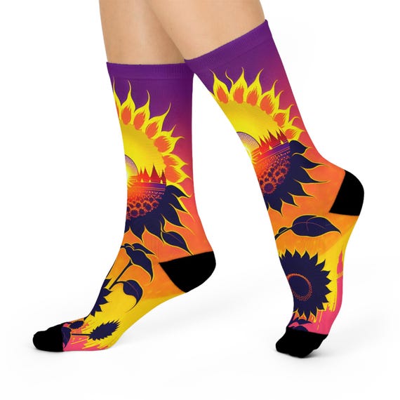 Ethereal Sunflower Eclipse Socks-Surreal Floral and Celestial Horizon Art.