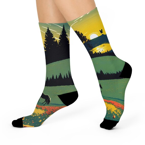 Mountain Mustang Crew Socks- Majestic Horse and Alpine Meadow Landscape.