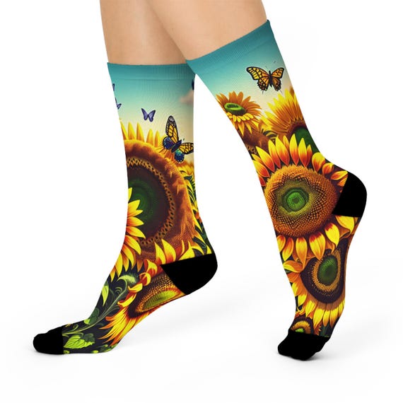 Sunflower and Butterfly Meadow Crew Socks - Vibrant Floral Summer Landscape
