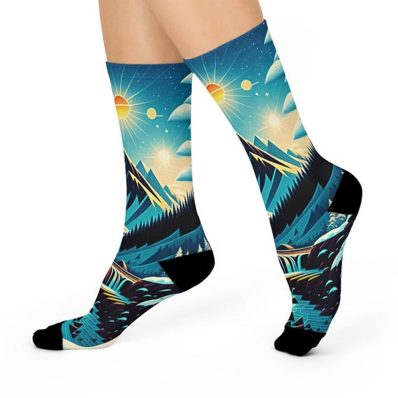 Mountain Waterfall Art Socks- Geometric Nature Design/ Hiking &Outdoor Socks.