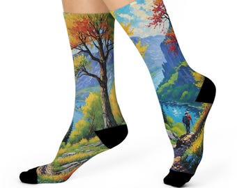 Calcetines Mountain Hiker Crew - Arte impresionista de paisaje otoñal de bosque y lago