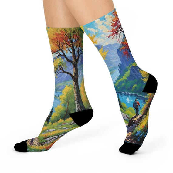 Mountain Hiker Crew Socks - Impressionist Autumn Forest and Lake Landscape Art