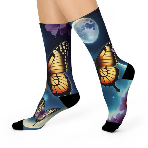 Midnight Monarch Butterfly Socks-Surreal Moon and Monarch Wings Crew Socks.