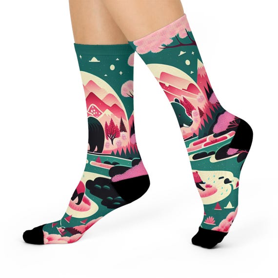 Nature Bear Art Socks - Mountain Forest Design/ Cozy Hiking for Nature Lovers