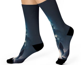 Calcetines Midnight Lunar Galaxy Crew - Siluetas de observación de estrellas y arte de la Vía Láctea