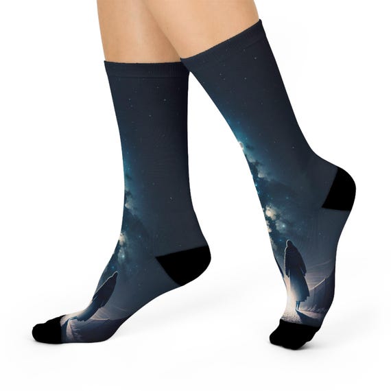 Midnight Lunar Galaxy Crew Socks- Stargazing Silhouettes and Milky Way Art