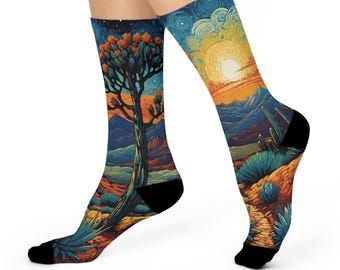 Calcetines Joshua Tree Starry Night - Calcetines impresionistas con paisaje desértico, amanecer dorado