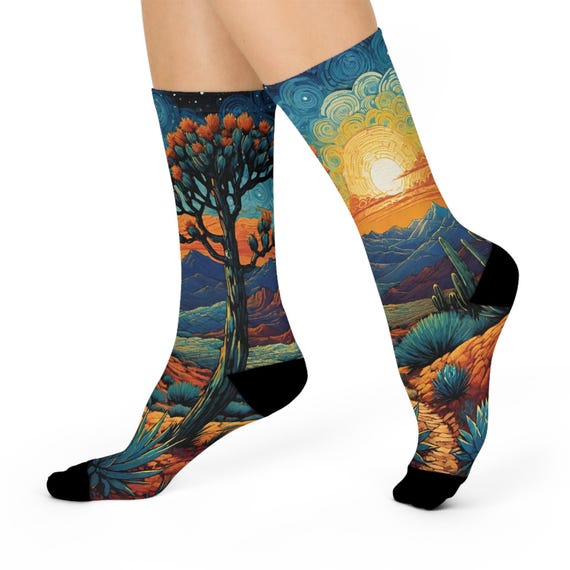 Joshua Tree Starry Night socks - impressionist Desert Landscape Crew Socks, golden sunrise