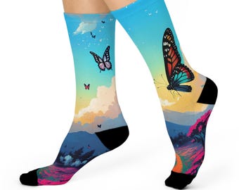 Calcetines con diseño de mariposas y naturaleza - diseño de atardecer colorido / Calcetines artísticos y acogedores.