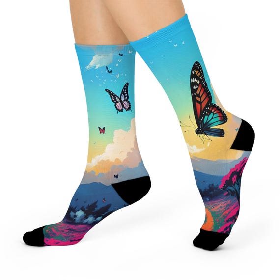 Butterfly Nature Art Socks - colorful sunset Design / Cozy Artistic Socks.