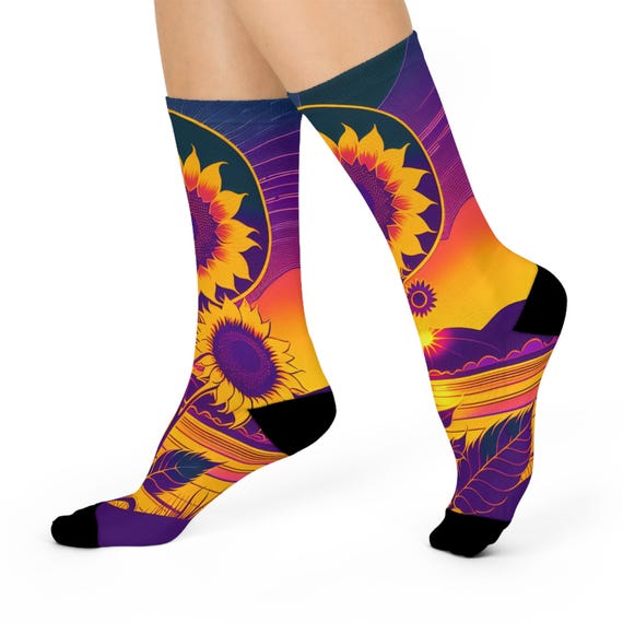 Cosmic Sunflower Sunset Crew Socks -Boho Mountain Landscape Art