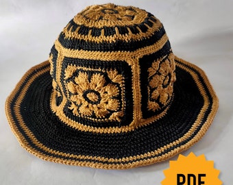 Patrón de sombrero de ganchillo fácil- Patrón de sombrero de flor africana- Sombrero de cubo cuadrado de la abuela- Cuadrado de la abuela de ganchillo- Patrón de sombrero de ganchillo PDF- Tallas de adulto