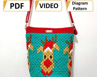 Patrón + Video Tutorial- Patrones de Bolso de Ganchillo- Bolso de Ganchillo Reno PATRON- Patrón de diagrama- Bolso de crochet tapiz