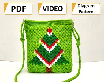Video Tutorial + Patrón Bolso Navideño a Ganchillo, Patrón Bolso a Ganchillo, Patrón Bolso Tote a Ganchillo, Bolso Tapiz a Ganchillo, Patrón Esquema
