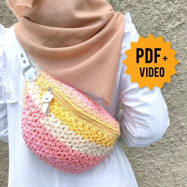 Video Tutorial + Crochet Bag PATTERN, Jasmine Fanny Pack, Crossbody Bag, Bum bag, Clutch Bag, Festival bag