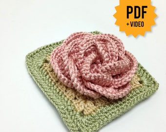 Granny Square 3D Rose Flower Crochet Pattern for Beginners, Step by Step Video Tutorial and pictures, motif for blankets or tote bags