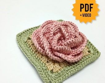 Patrón de crochet de flor de rosa 3D de Grandma Square para principiantes, videotutorial paso a paso e imágenes, motivo para mantas o bolsos de mano