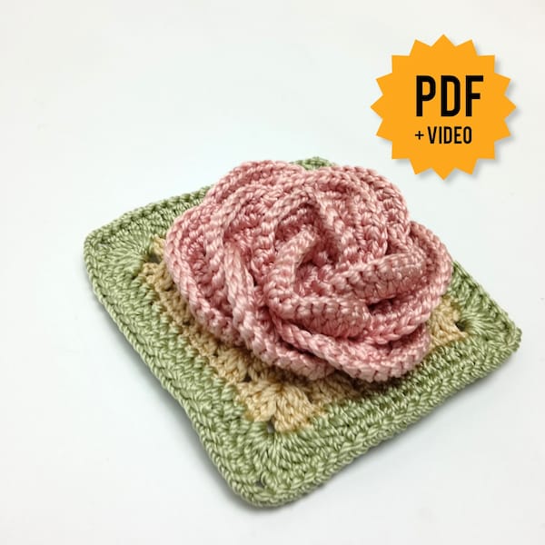 Granny Square 3D Rose Flower Crochet Pattern for Beginners, Step by Step Video Tutorial and pictures, motif for blankets or tote bags