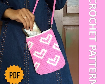 Video Tutorial + Bolso para teléfono en crochet Patrón PDF / Bolso para teléfono en crochet Love / Bolso para teléfono en crochet Tapestry / Bolso para teléfono en crochet Regalo San Valentín