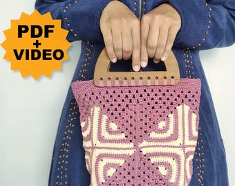 Video Tutorial + PDF PATTERN Lanna Handbag, Crochet Bag PATTERN, Granny Square Bag, Easy Crochet Bag, Tote Bag, Purse Woman Bag, Handbag