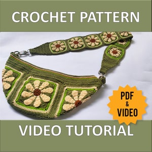 Video Tutorial + PDF PATTERN Daisy Flower Charity Fanny Pack, Crochet Bag PATTERN, Crossbody Bag, Bum bag, Clutch Bag, Granny Square Bag