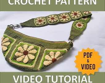 Video Tutorial + PDF PATRON Riñonera Benéfica Flor Margarita, PATRON Bolso Crochet, Bolso Bandolera, Riñonera, Bolso Clutch, Bolso Grandma Square