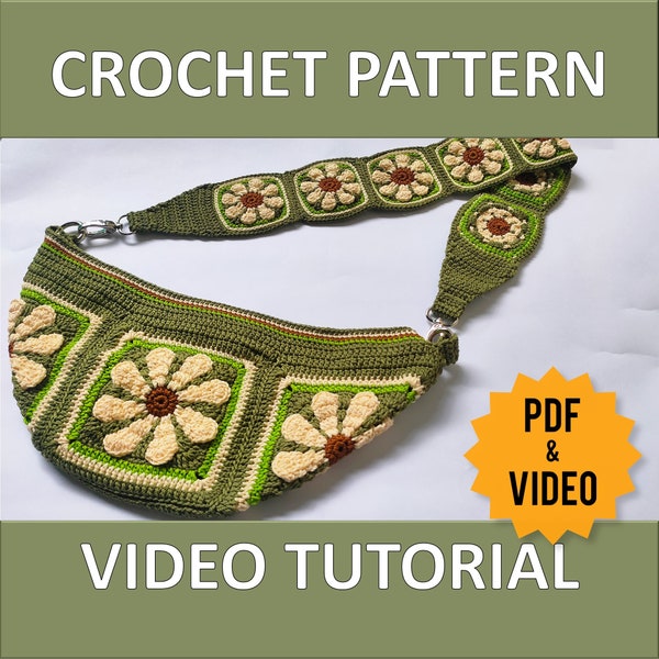 Video Tutorial + PDF PATTERN Daisy Flower Charity Fanny Pack, Crochet Bag PATTERN, Crossbody Bag, Bum bag, Clutch Bag, Granny Square Bag