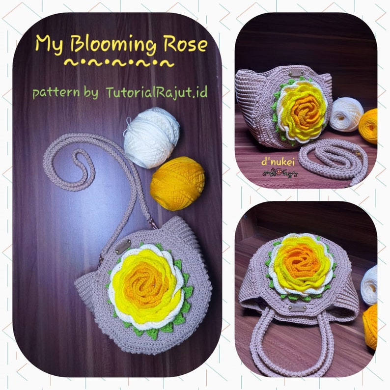 Pode incluir: Uma bolsa de m&atilde;o de croch&ecirc; com um grande desenho de rosa amarela. A bolsa tem uma al&ccedil;a longa e uma al&ccedil;a mais curta. A bolsa &eacute; feita com fio bege e a rosa &eacute; feita com fio amarelo, branco e verde. O texto "My Blooming Rose" e "pattern by TutorialRajut.id" &eacute; vis&iacute;vel na imagem.