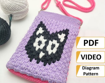 VIDEO Tutorial + PATRÓN Bolso de Ganchillo, Patrón Bolso Tote de Ganchillo, Patrón Gato Negro de Ganchillo, Patrón Tapiz de Ganchillo, Bolso para Teléfono de Ganchillo