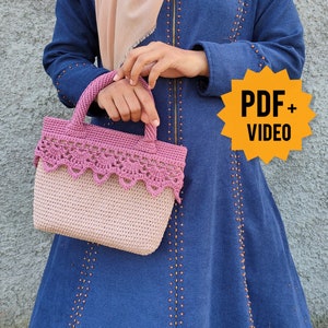 Video Tutorial + Crochet Bag Pattern, Crochet Handbag Pattern with Lace Accent