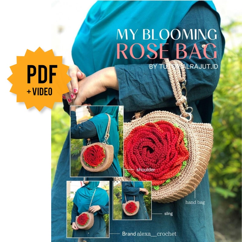 Pode incluir: Uma bolsa de croch&ecirc; em forma de rosa com base bege e design de rosa vermelha. A bolsa pode ser usada como bolsa de ombro, bolsa transversal ou bolsa de m&atilde;o. A imagem inclui o texto "MY BLOOMING ROSE BAG BY TUTORIALRAJUT.ID".