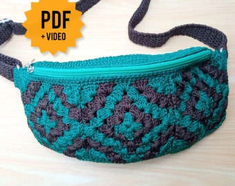 Video Tutorial + PDF PATRON Riñonera Diamantes, PATRON Bolso Crochet, Bolso Bandolera, Riñonera, Bolso Clutch, Bolso Grandma Square