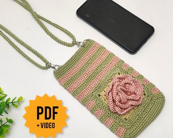 Bolso para teléfono de ganchillo con patrón de flor de rosa 3D PDF / Bolso para teléfono con bolsillo / bolso hecho a mano I Bolso para teléfono de ganchillo / Bolso de ganchillo