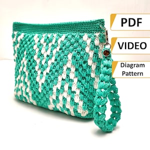Video Tutorial + Crochet Bag Patterns- Geometric Pouch with Wristlet- Easy Crochet Bags for Beginners to Intermediate- Tapestry crochet bag