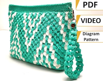 Video Tutorial + Patrones de bolsos a crochet- Bolso geométrico con muñequera- Bolsos a crochet fáciles para principiantes a intermedios- Bolso tapiz a crochet