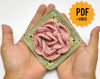 Granny Square 3D Rose Flower Crochet Pattern PDF, motif for tote bags, motif for blankets, Step by Step Video Tutorial and pictures