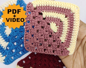 Videotutorial + Patrón de Manta Cuadrada de la Abuela a Crochet: PDF fácil para principiantes (Descarga digital)