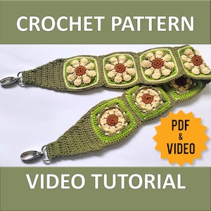 May include: Crochet pattern for a green and brown floral bag strap with metal clasps. PDF and video tutorial included.
