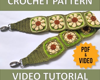Pattern + Video Tutorial Crochet Bag Strap, Daisy Flower Charity Fanny Pack Strap, Purse Strap, Handbag Strap, Handmade Strap