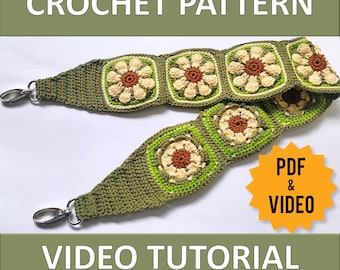 Patrón + Video Tutorial Correa para bolso a crochet, Correa para riñonera benéfica Daisy Flower, Correa para bolso, Correa para bolso, Correa hecha a mano